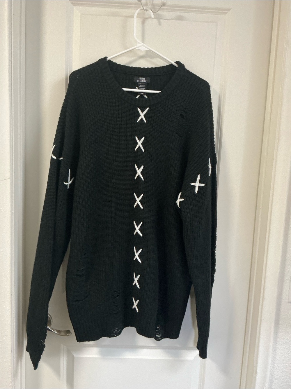 Social Collision Distressed Sweater Black White Cross Stitch Goth Punk S Unisex